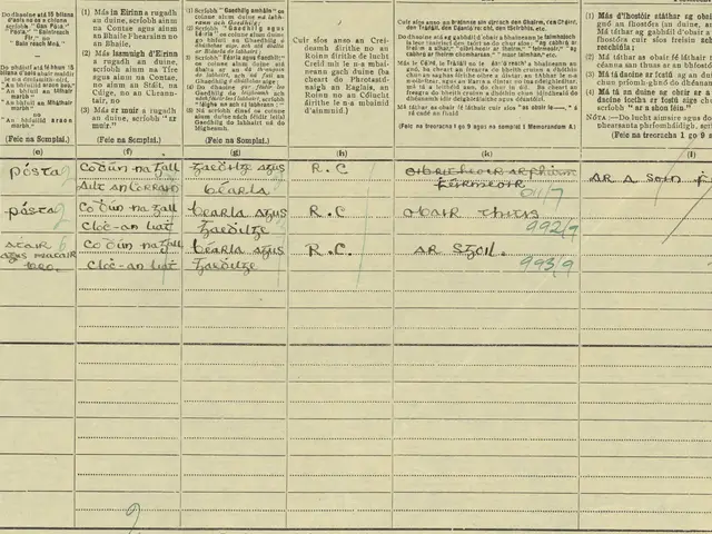 Foirm daonáirimh Ghaeilge 1926 lámhscríofa sa chló Gaelach, le hainmneacha Uí Bhaoighill agus nóta peann luaidhe “William Boyle”